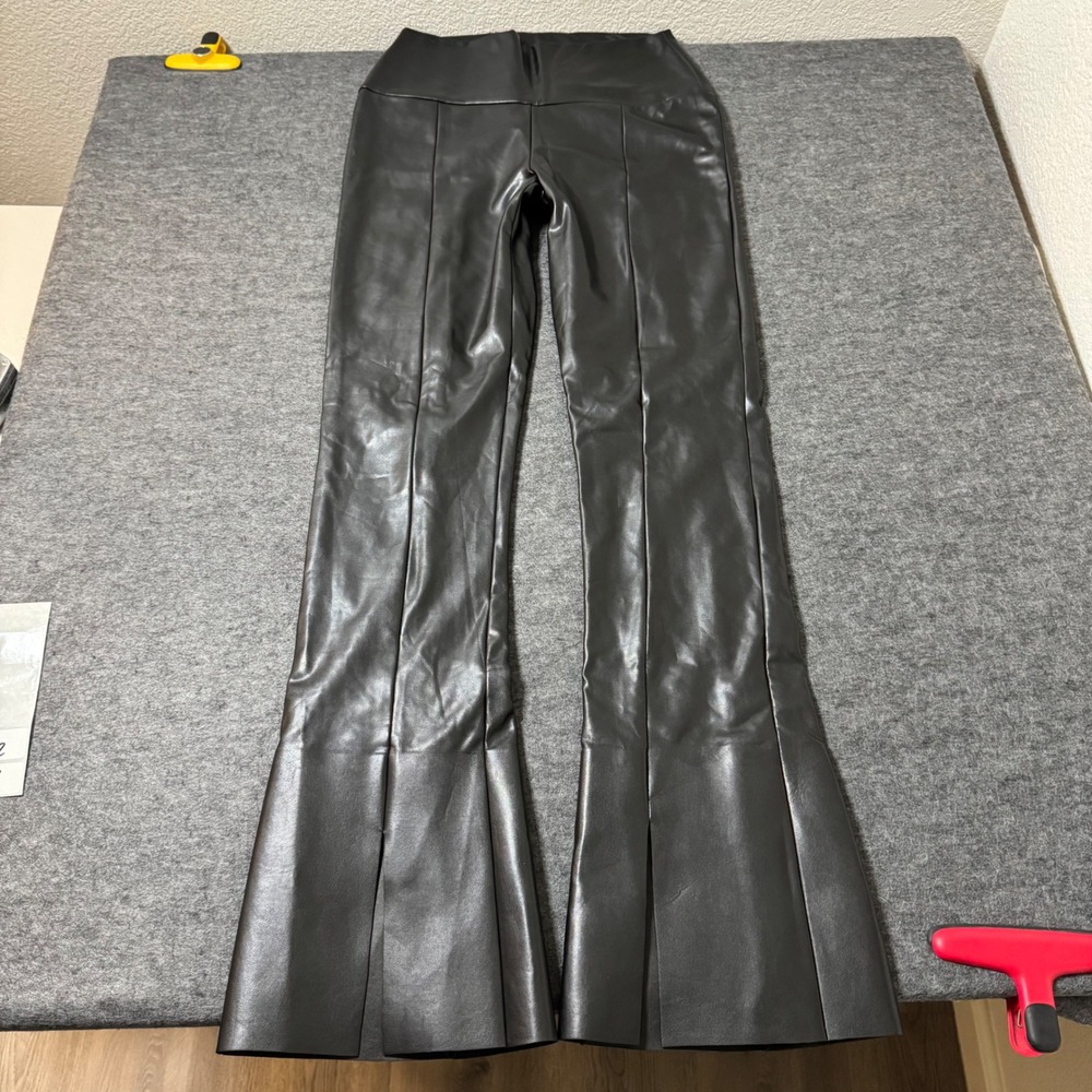 Norma Kamali Black Faux Leather High Waisted Flare Front Slit Pants M 34